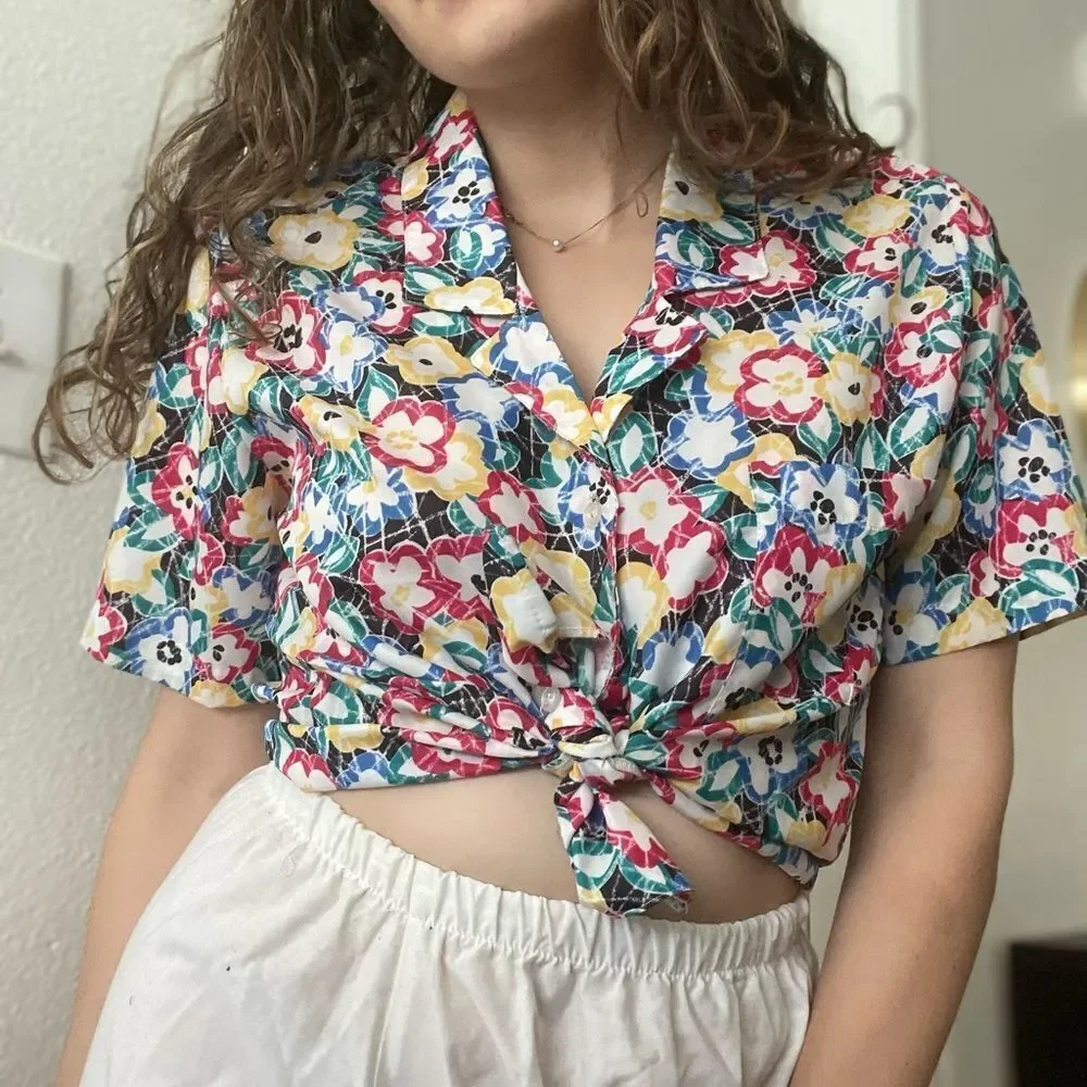 Vintage 80s Floral Funky Retro Button Down‎ Shirt Short Sleeve Sz 6